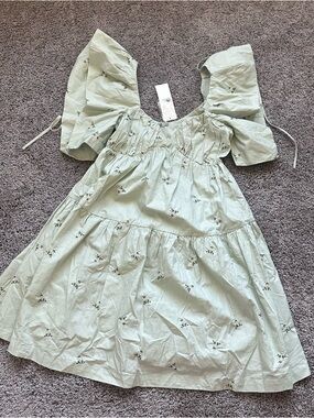 En Saison Puff Sleeve Tiered Mini Dress - Sage Green with Floral Embroidery